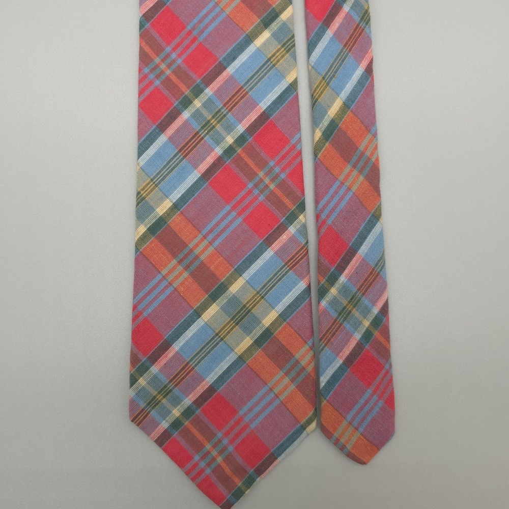 Vintage Madras Plaid Tie Mens Cotton Pink Tartan Skinny Ivy Preppy Gap USA